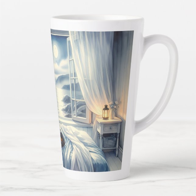 Caneca De Café Latte Quarto Costeiro ao Luar com Gato Adormecido (Direita)
