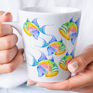 Caneca De Café Latte Queen Triggerfish Tropical Fish Watercolor Art