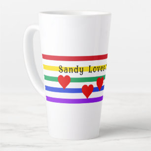 Caneca De Café Latte Rainbow Stripes Corações Nomes Personalizados Late