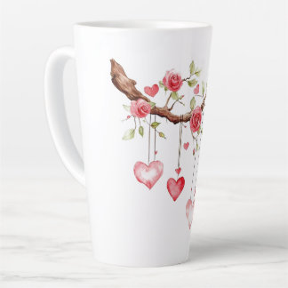 Caneca De Café Latte Ramo de Rosas Cor-de-Rosa em Aquarela com Corações