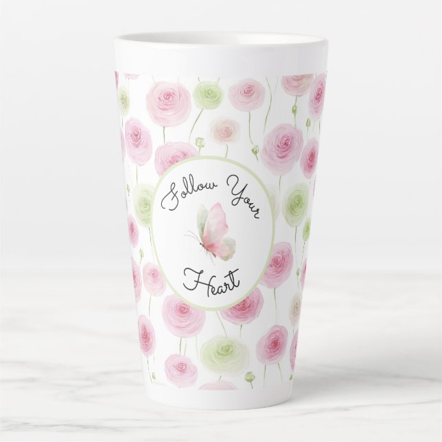 Caneca De Café Latte Ranunculus Rosa Menta Bonito  (Frente)