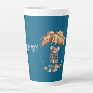 Caneca De Café Latte Rato de Guarda-Chuva de Folha em Dia Chuvoso Azul