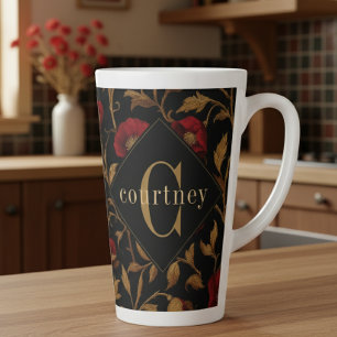 Caneca De Café Latte Receita do Monograma da Papoula Dourada Vermelha d