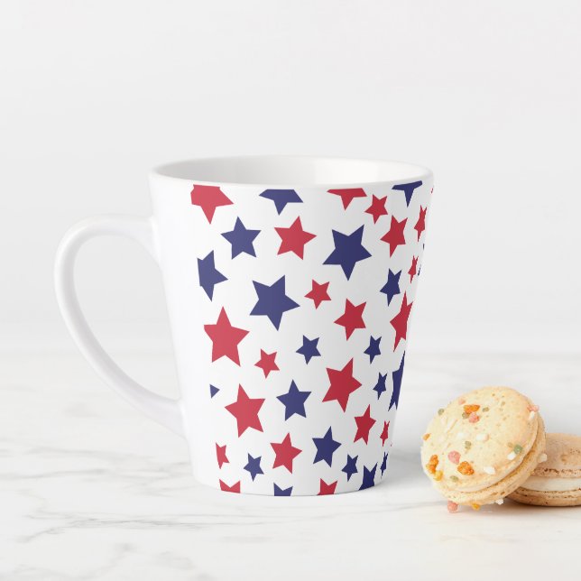 Caneca De Café Latte Red and Blue Stars, 4th of July, White Background (In Situ)