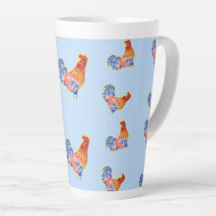 Caneca De Café Latte Red Funny Rooster Cockerel Blue e White Spots Co