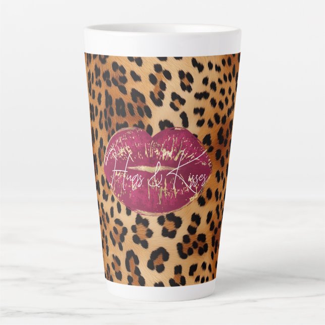 Caneca De Café Latte Red Lábios Kiss Leopardo (Frente)