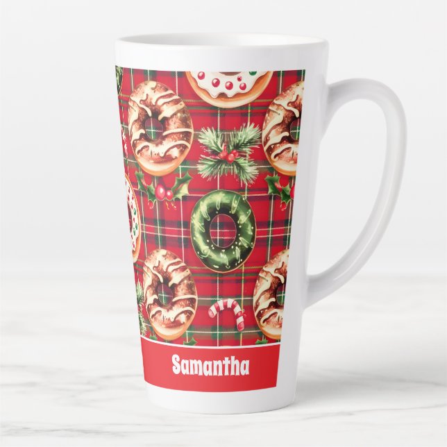 Caneca De Café Latte Red Retro Natal Rosquinhas Red Tartan Xadrez (Direita)