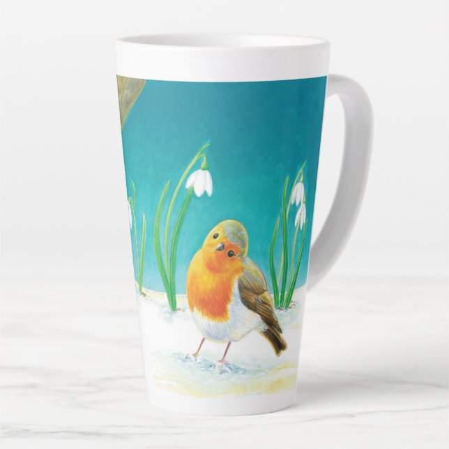 Caneca De Café Latte Red Robin Bird e Primavera Snowdrops Ilustração (Ângulo direito)