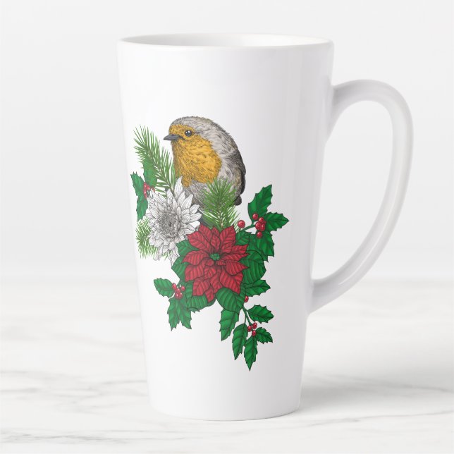 Caneca De Café Latte Red robin sobre decoração de Natal (Direita)