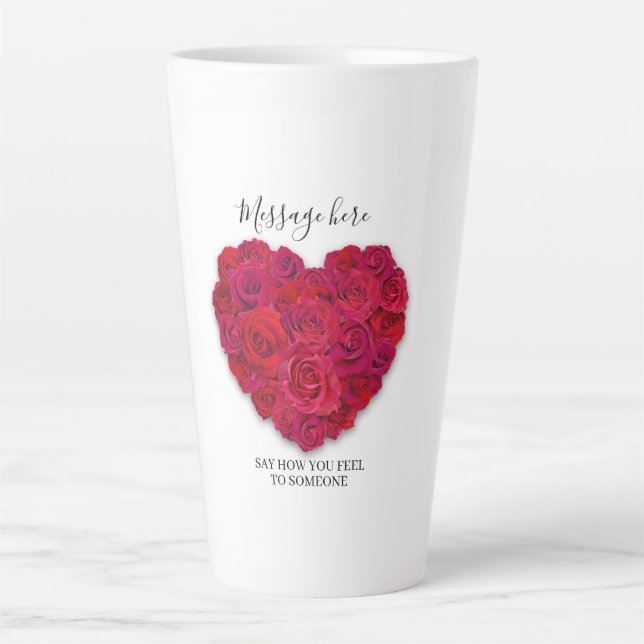 Caneca De Café Latte Red Rose Heart Romantic Floral Custom Text (Frente)