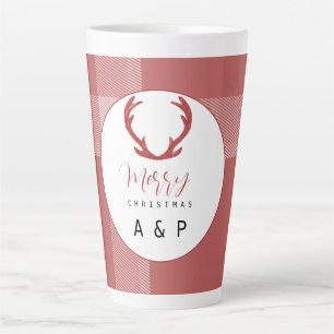 Caneca De Café Latte Red Tartan Deer Antlers Monograma