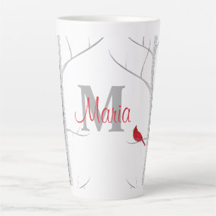 Caneca De Café Latte Red Winter Bird Woodland Tree Rusch Monograma