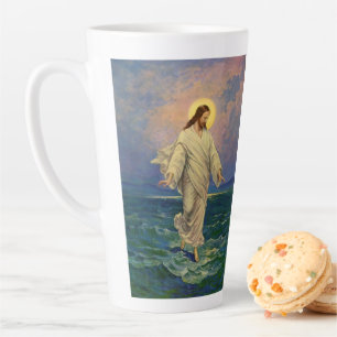 Caneca De Café Latte Religião Vintage, Cristo de Jesus caminha sobre ág