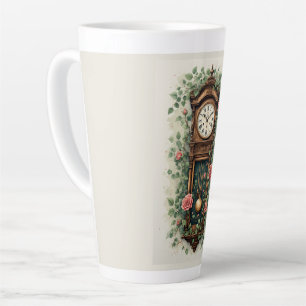 Caneca De Café Latte Relógio Antigo Rodeado por Rosas e Vinhas