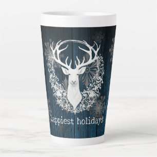 Caneca De Café Latte Rena Branca Rustic Watercolor Azul