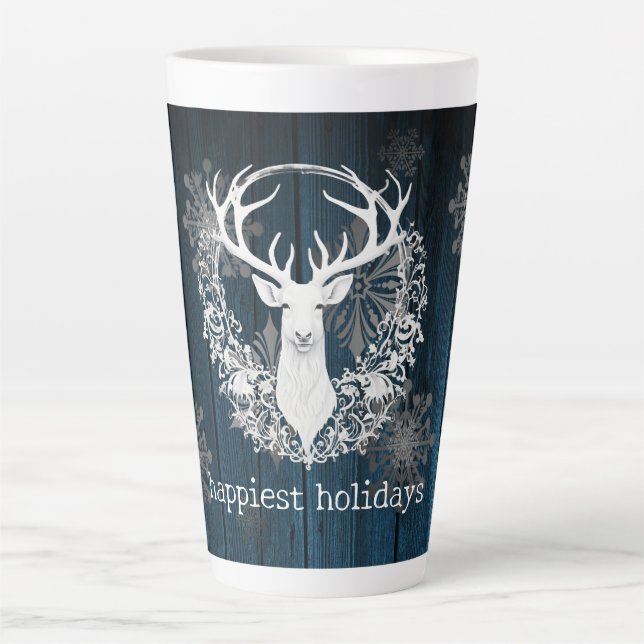 Caneca De Café Latte Rena Branca Rustic Watercolor | Azul (Frente)