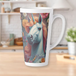 Caneca De Café Latte Retrato de Flor Unicórida Branco Personalizado