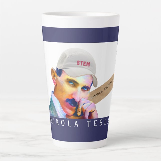 Caneca De Café Latte Retrato de Tesla Engraçado (Frente)