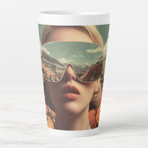 Caneca De Café Latte Retrato Surrealista com Óculos de Sol Refletindo u
