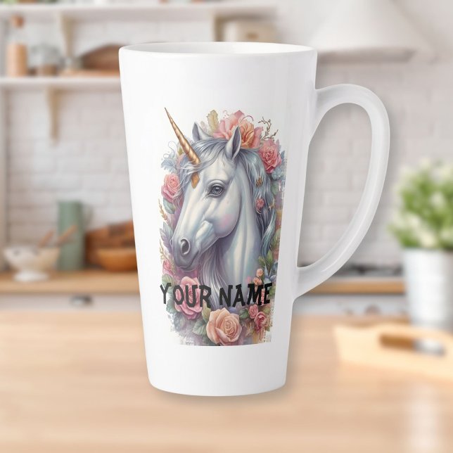 Caneca De Café Latte Retrato Unicórnio Branco Personalizado (Personalized White Unicorn Portrait Latte Mug)