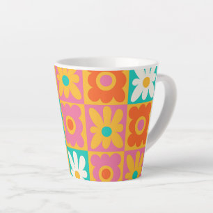 Caneca De Café Latte Retro Anos 70 Groovy Floral Xadrez Colorido