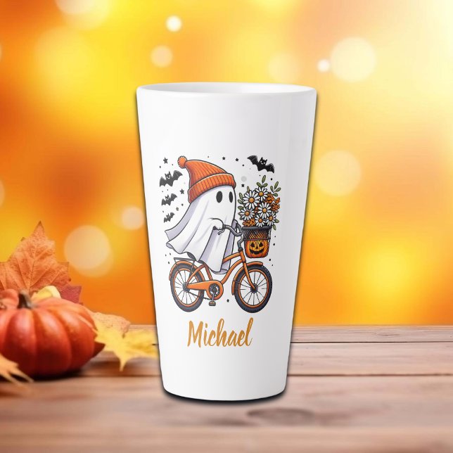 Caneca De Café Latte Retro Fantasma no Halloween de Bicicleta (Criador carregado)