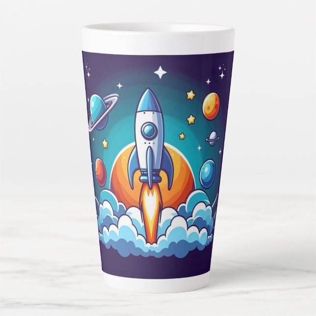 Caneca De Café Latte Retro, foguete espacial (Frente)