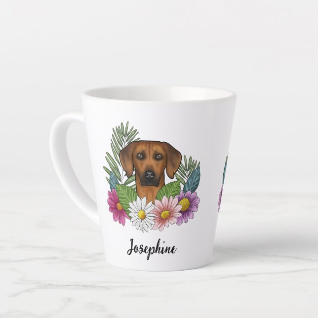 Caneca De Café Latte Ridgeback, Cabeça De Ridgeback E Flores Selvagens  (Ângulo esquerdo)
