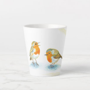 Caneca De Café Latte Robins vermelhos em pequeno inverno