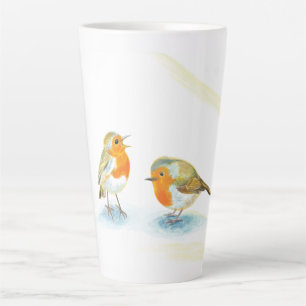 Caneca De Café Latte Robins vermelhos no inverno 