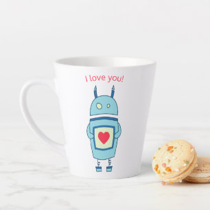 Caneca De Café Latte Robô De Cartoon Azul Com Coração Eu Te Amo
