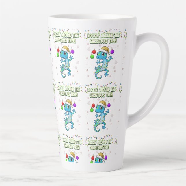 Caneca De Café Latte Rockin’ Christmas Gecko – Cute Holiday Lizard Deco (Direita)
