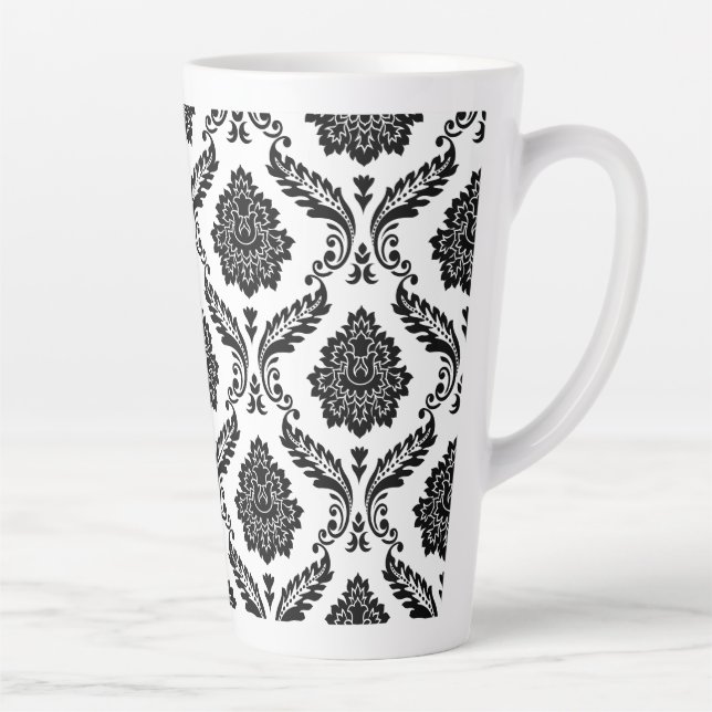 Caneca De Café Latte Rococo Damask Big Pattern Black on White (Direita)