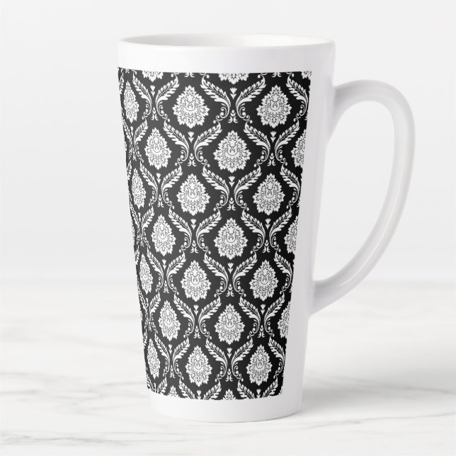 Caneca De Café Latte Rococo Damask Padrão Pq Branco no Preto (Direita)