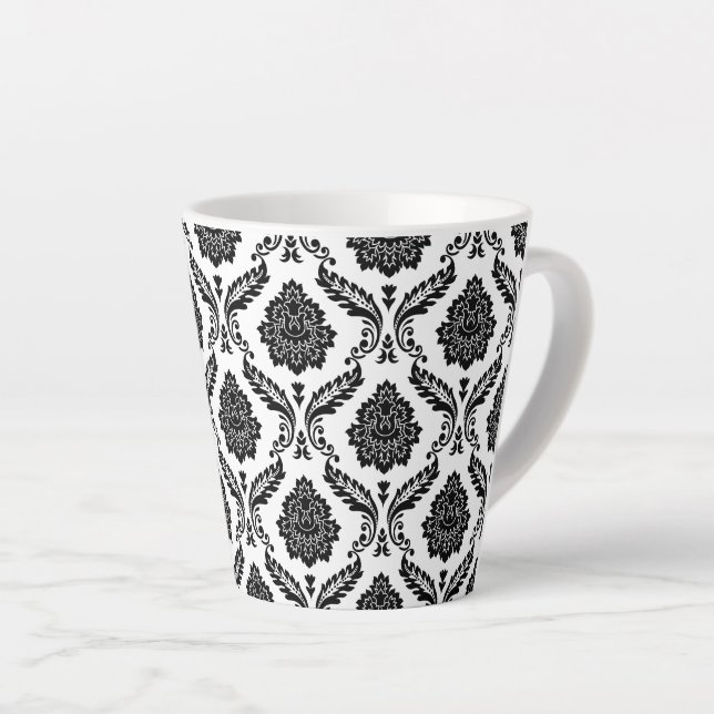 Caneca De Café Latte Rococo Damask Pattern Black on White (Ângulo direito)