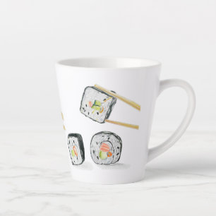 Caneca De Café Latte Rolos de Salmão Sushi Com Hashis