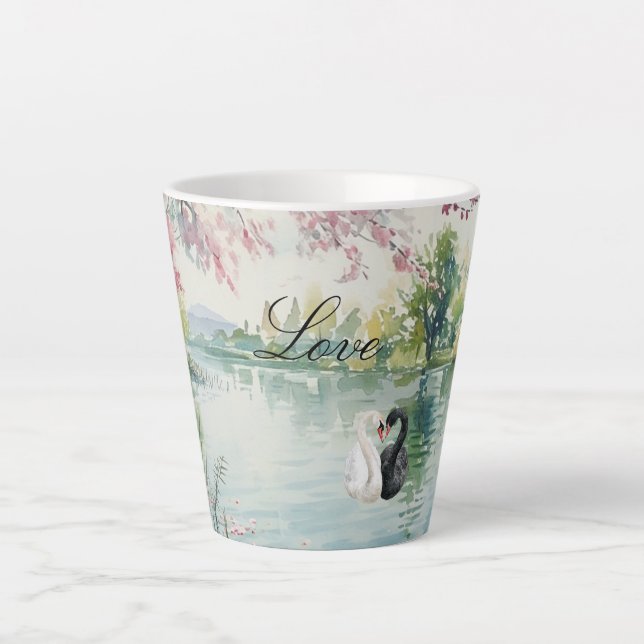 Caneca De Café Latte Romântica Swans Lake Love (Frente)