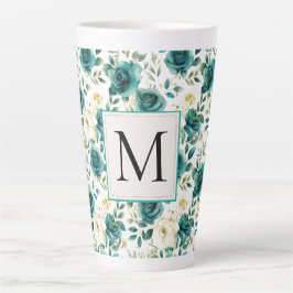 Caneca De Café Latte Romântico Creme Verde Rosa Floral Monograma Românt