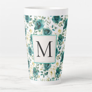 Caneca De Café Latte Romântico Creme Verde Rosa Floral Monograma Românt