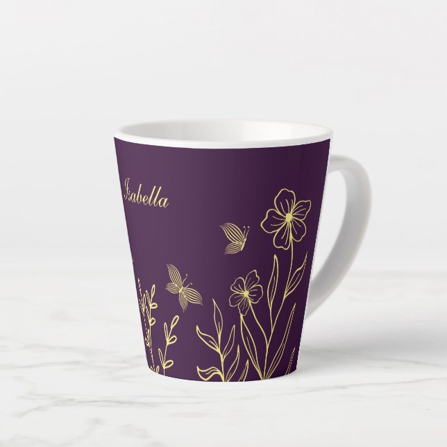 Caneca De Café Latte Romântico elegante flor de ouro roxo  (Ângulo direito)