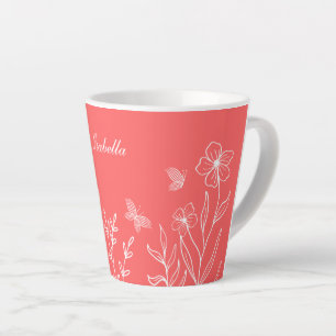 Caneca De Café Latte Romântico elegante floral rosa coral