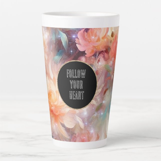 Caneca De Café Latte Rosa Bege Laranja Floral  (Frente)