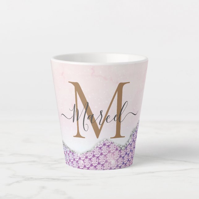 Caneca De Café Latte Rosa cor-de-rosa Elegante Monograma (Frente)