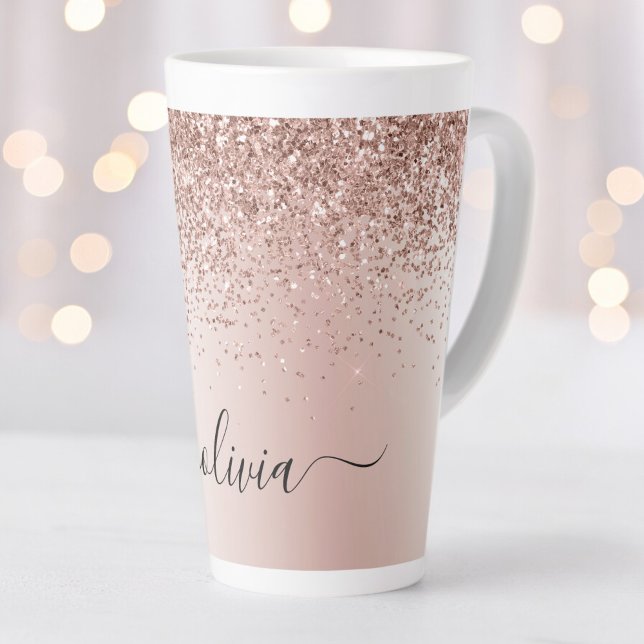 Caneca De Café Latte Rosa Dourado - Brilho Rosa Bege Monograma Nome (Criador carregado)