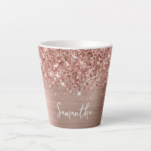 Caneca De Café Latte Rosa Dourado Glam Brilhante Espelhado Nome