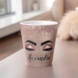 Caneca De Café Latte Rosa Dourado Glitter Sparkle Eyelashes Monograma