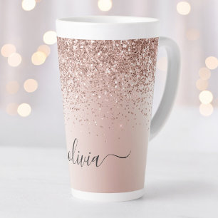Caneca De Café Latte Rosa Dourado - Monograma de Nome em Brilho Rosa Be