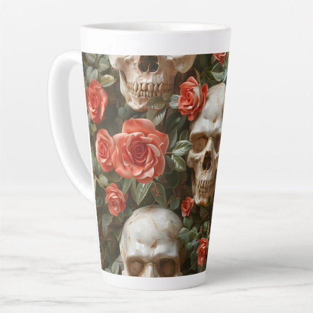 Caneca De Café Latte Rosa e design de crânios (Ângulo esquerdo)