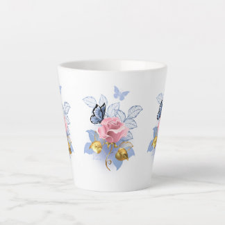 Caneca De Café Latte Rosa Rosen & blaue Schmetterlinge - Elegante Tasse