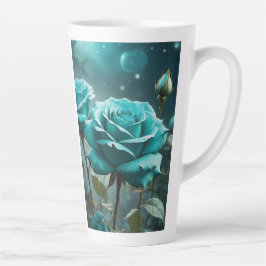 Caneca De Café Latte Rosas Azul-Celeste Atemporais 